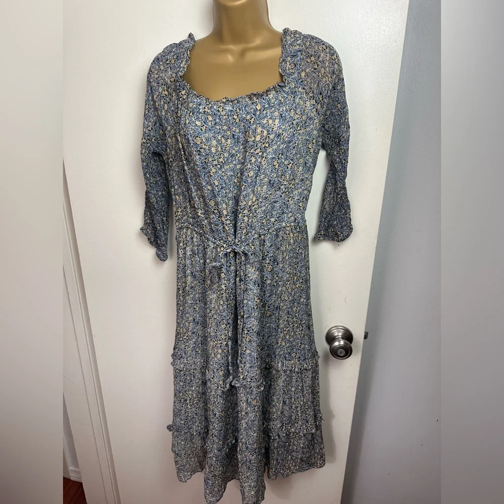 By Anthropologie Blue Kira Off-The-Shoulder Adjustable TieWaist Peasant Dress 14 - Picture 5 of 16